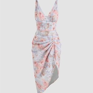 Cider ILLUSION FLORAL RUCHED MIDI DRESS